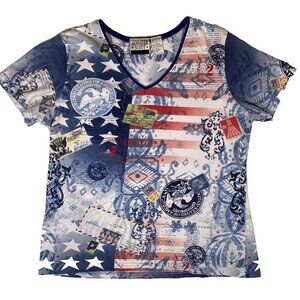 Jennifer Scott V Neck Large Patriot Print Shirt Short Sleeve Print See Pics